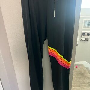 Aviator Nation Black Joggers with Rainbow Stripes